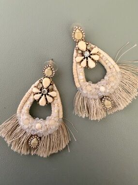 Stella & Dot Cream Fringe Teardrop Earrings with Floral Crystal Accents